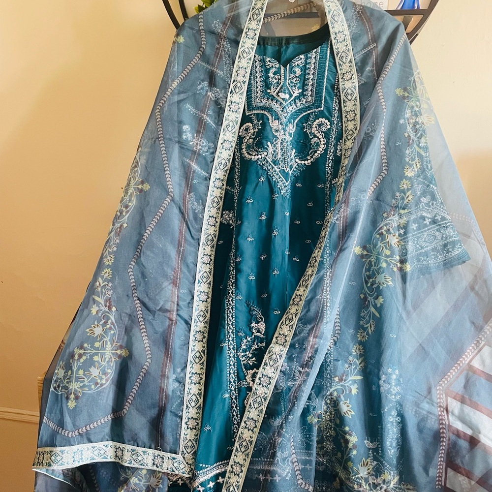 Pakistani Elegant Teal Embroidered Long Sleeve Dress